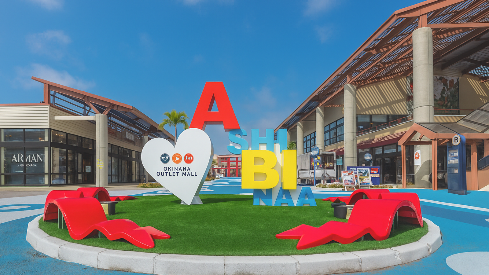沖縄本島にある沖縄アウトレットモールあしびなーのエントランス広場。カラフルな「あしびなー」の立体文字サインとハート型のモニュメントが芝生の上に設置されている。