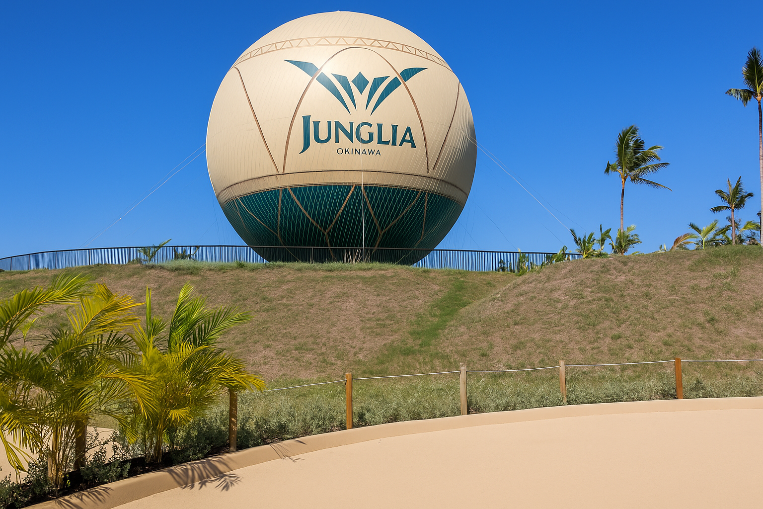 ジャングリア沖縄のホライゾンバルーンが、雲ひとつない青空の下に浮かんでいる様子。