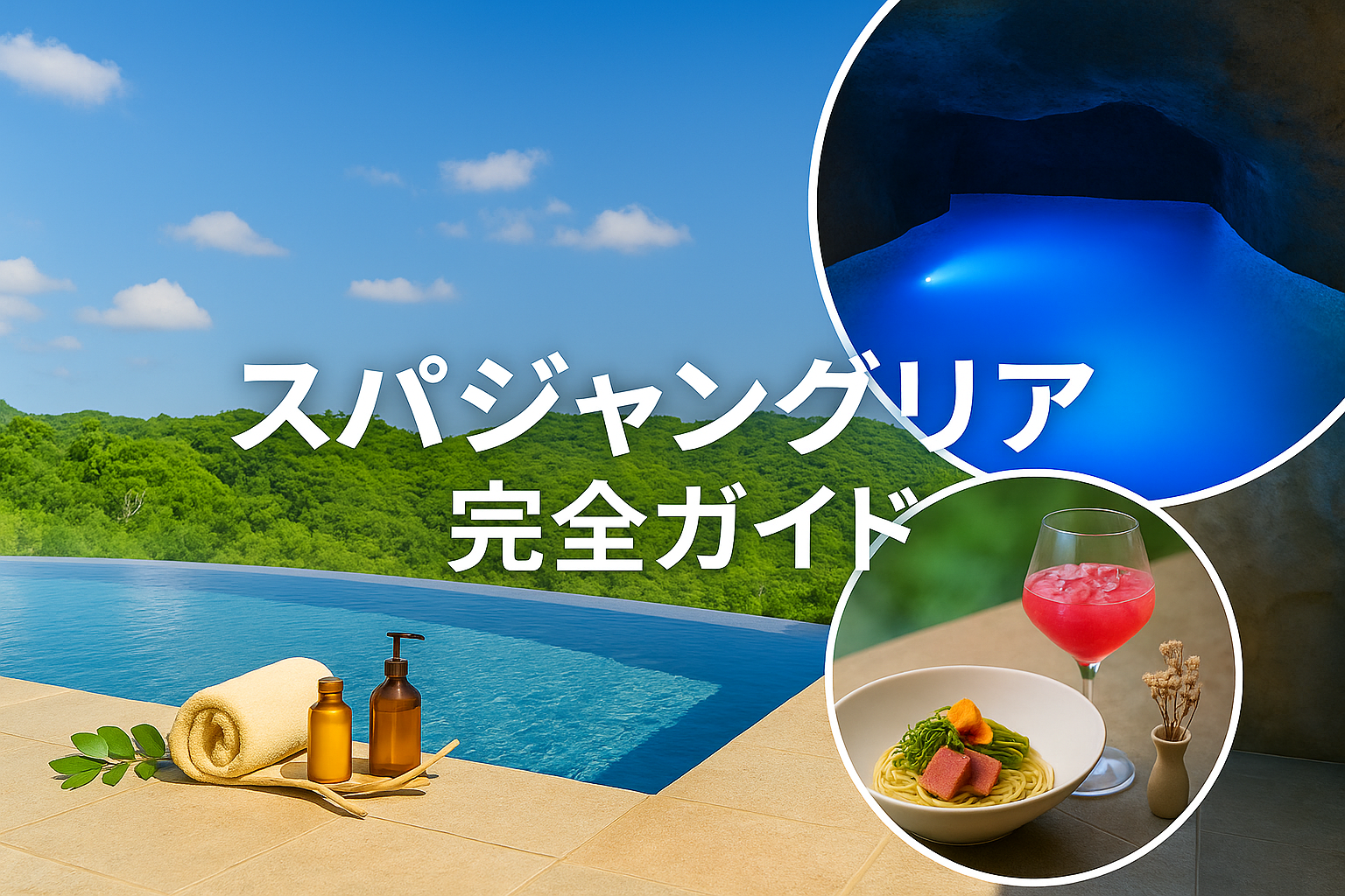 晴れ渡る青空の下、やんばるの森を望むインフィニティプールと、洞窟風の温泉、沖縄食材を使ったパスタとカクテルを組み合わせたコラージュ画像。