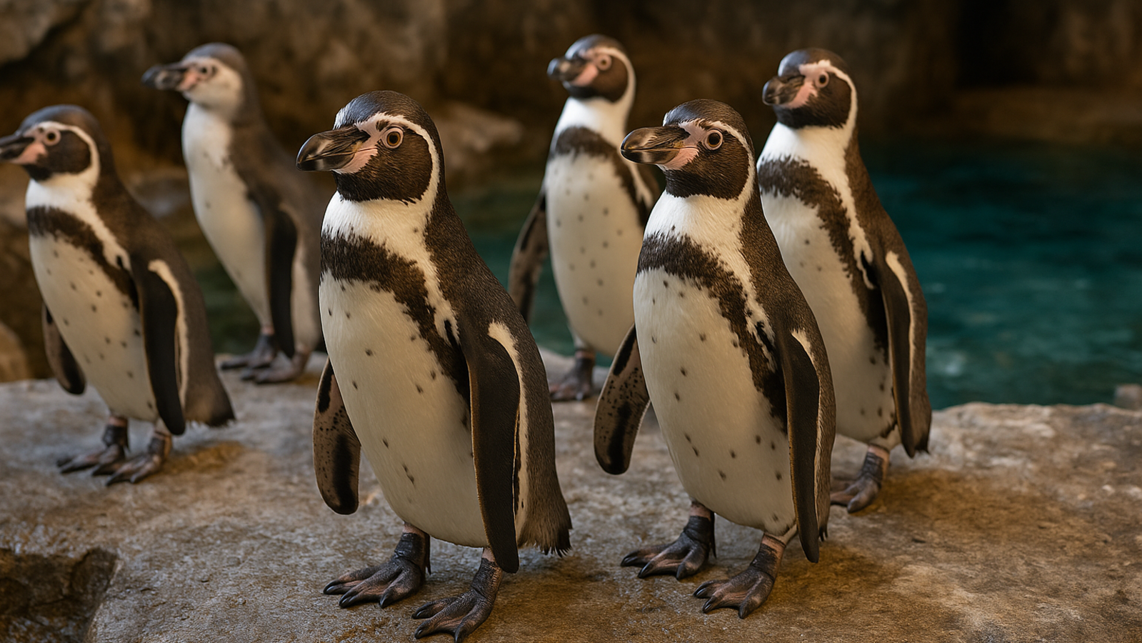 DMMかりゆし水族館の展示エリアで並んで立つフンボルトペンギンたち。岩場と水辺を背景に、愛らしい姿で来館者を楽しませている様子。