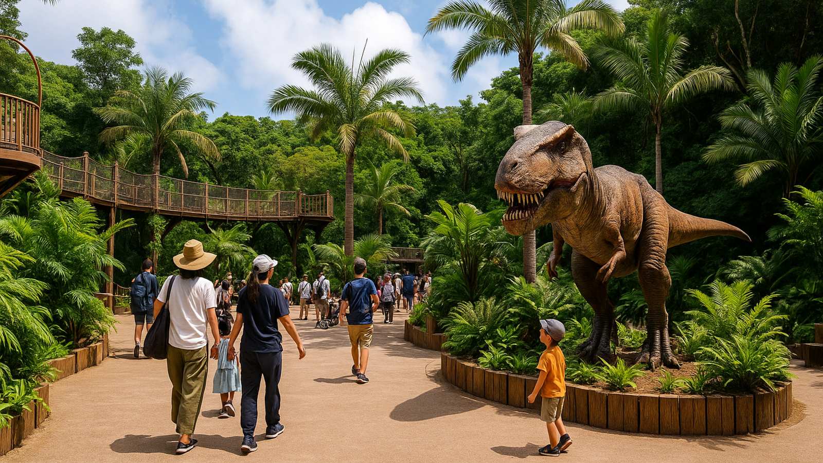 沖縄のテーマパーク「ジャングリア」園内の風景。恐竜型アトラクションや緑豊かなエリア、来園者が散策する様子が写る。気球や看板は含まれていない構図。