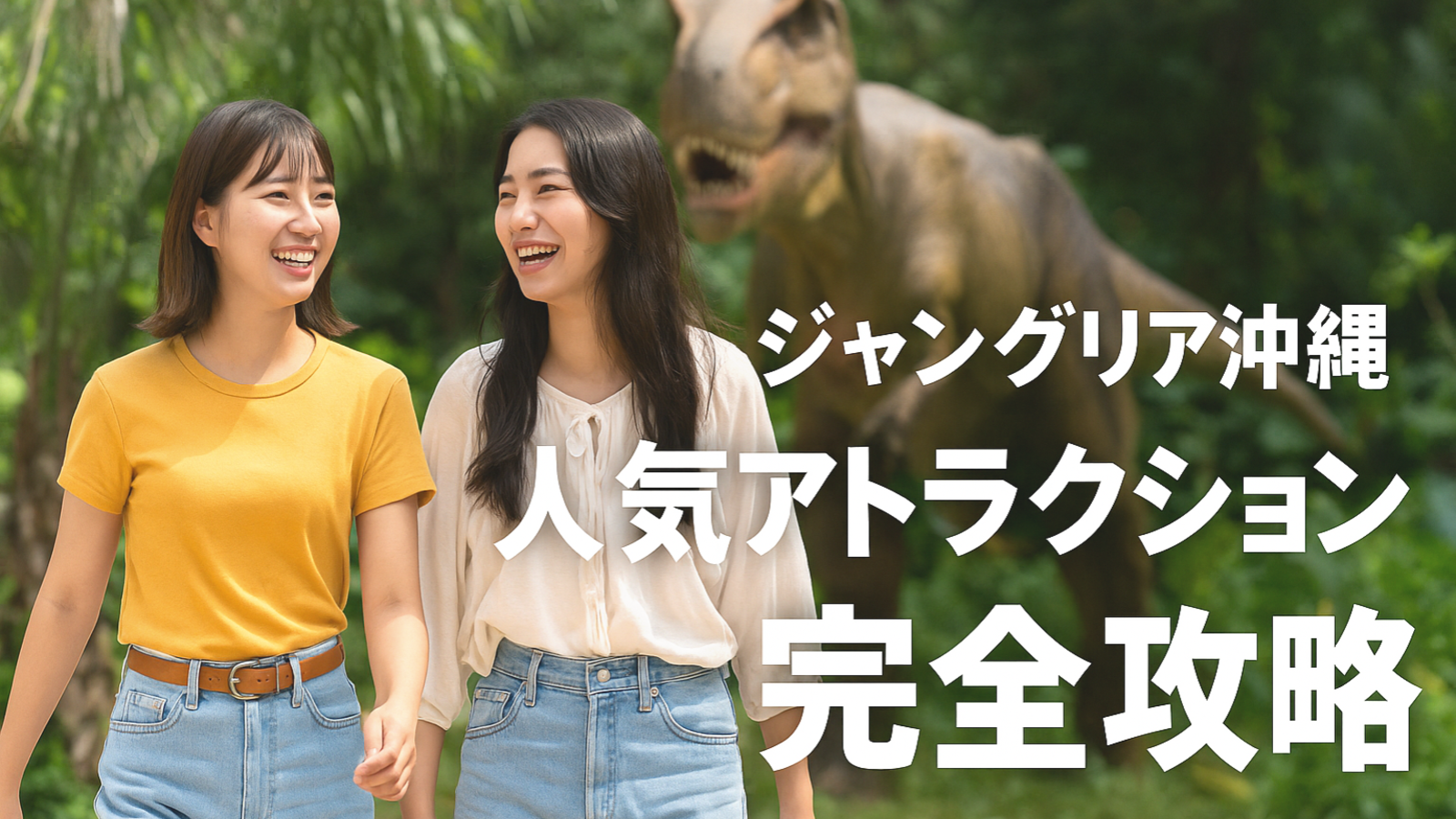 ジャングリア沖縄で、緑豊かなジャングルの中を友人同士で楽しそうに歩く2人の女性。背景には恐竜が小さく写っている。