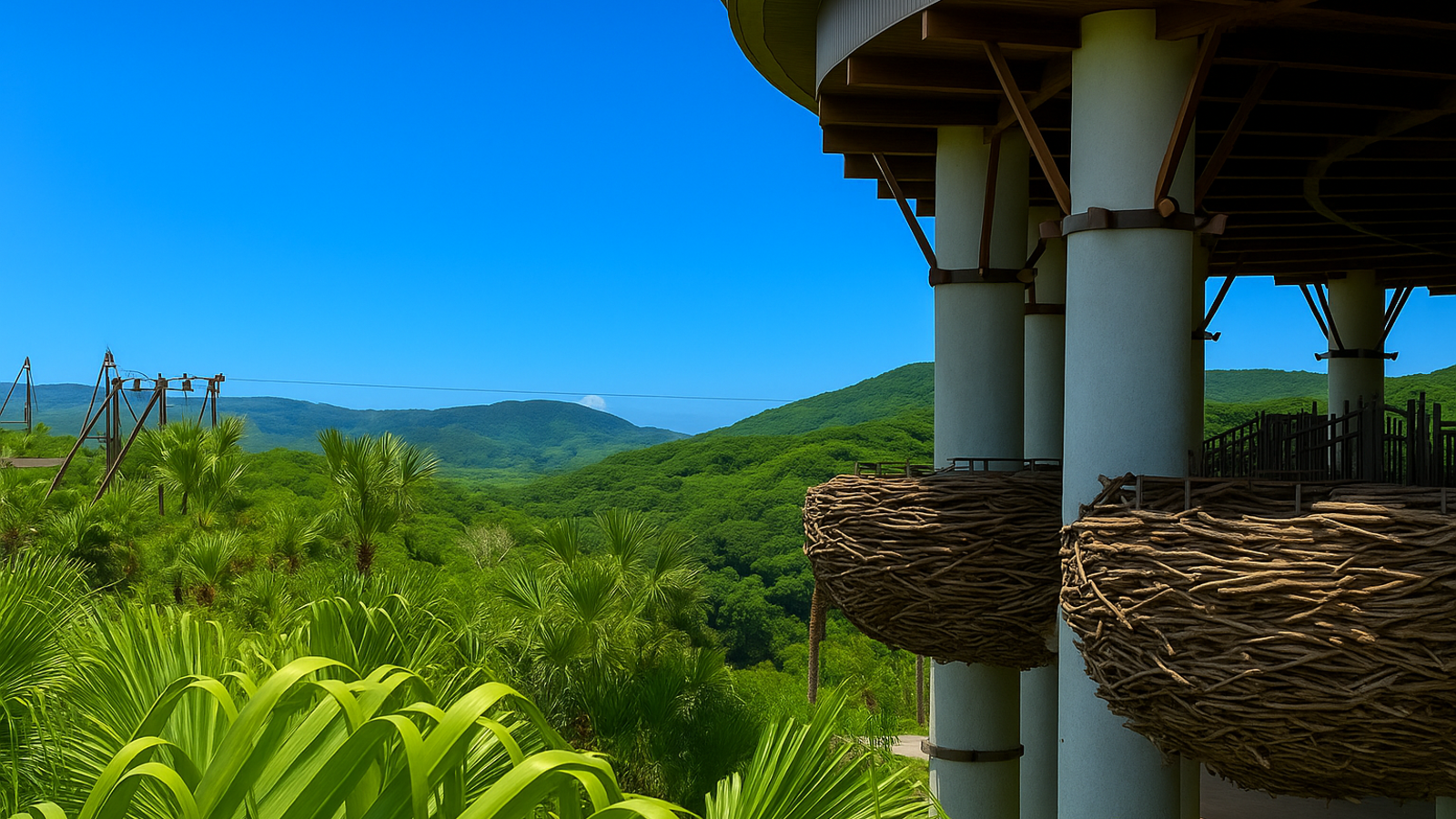 ジャングリア沖縄のパノラマダイニング。鳥の巣のようなネスト席から、やんばるの森と青空を一望する風景。