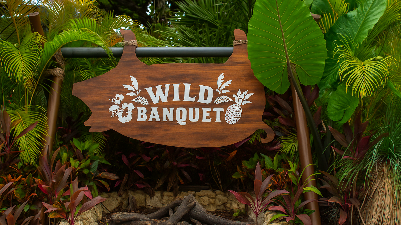 ジャングリア沖縄のレストラン『ワイルド バンケット』の木製サイン。熱帯植物に囲まれた南国らしい入口看板。