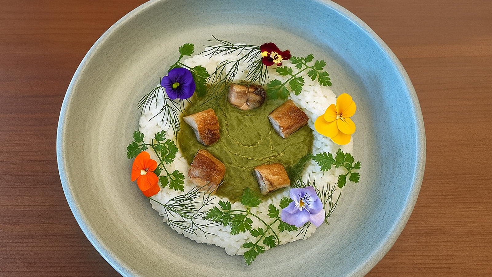 ジャングリア沖縄・トロピカルオアシスのアイランドカレー。白米とグリーンカレーをベースに、色鮮やかな食用花と魚介がトッピングされた華やかな一皿。