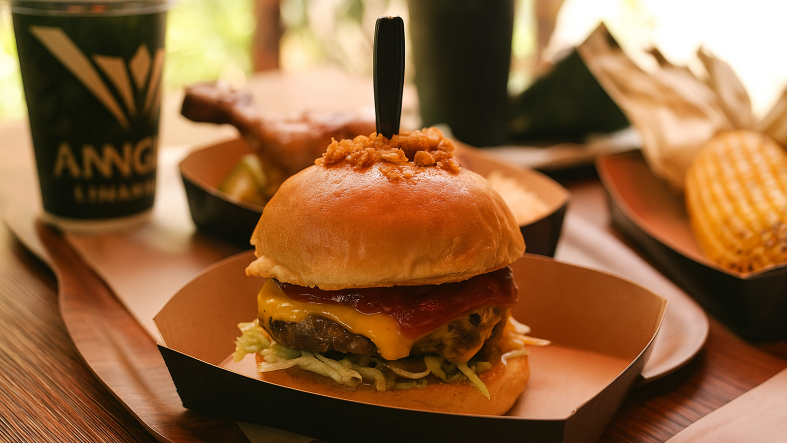 ジャングリア沖縄ワイルドバンケットのTHE WILD ビーフバーガー。串が刺さった肉厚パティとチーズのハンバーガー。