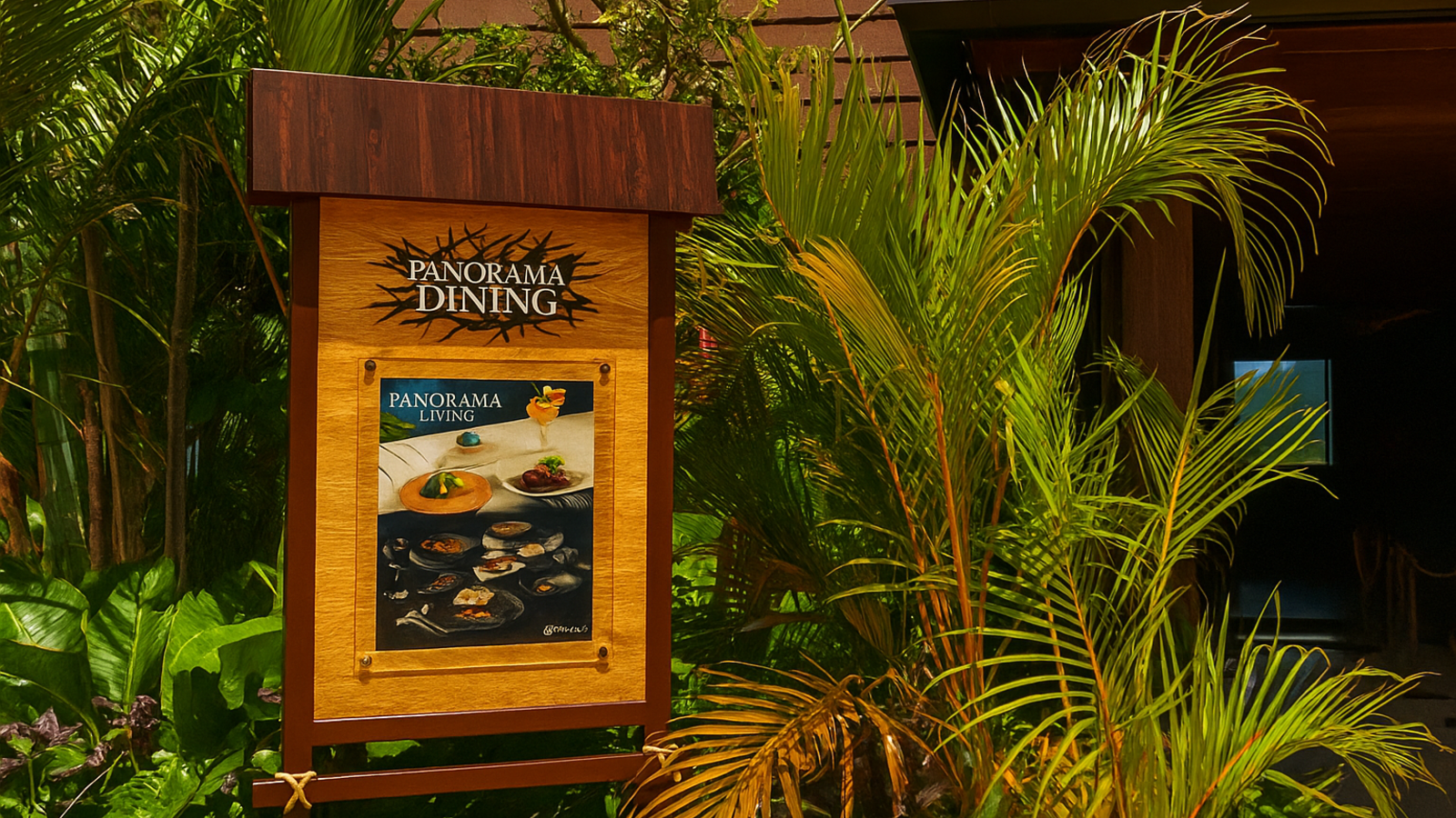 ジャングリア沖縄のレストラン「パノラマダイニング」の入口に設置された木製の看板