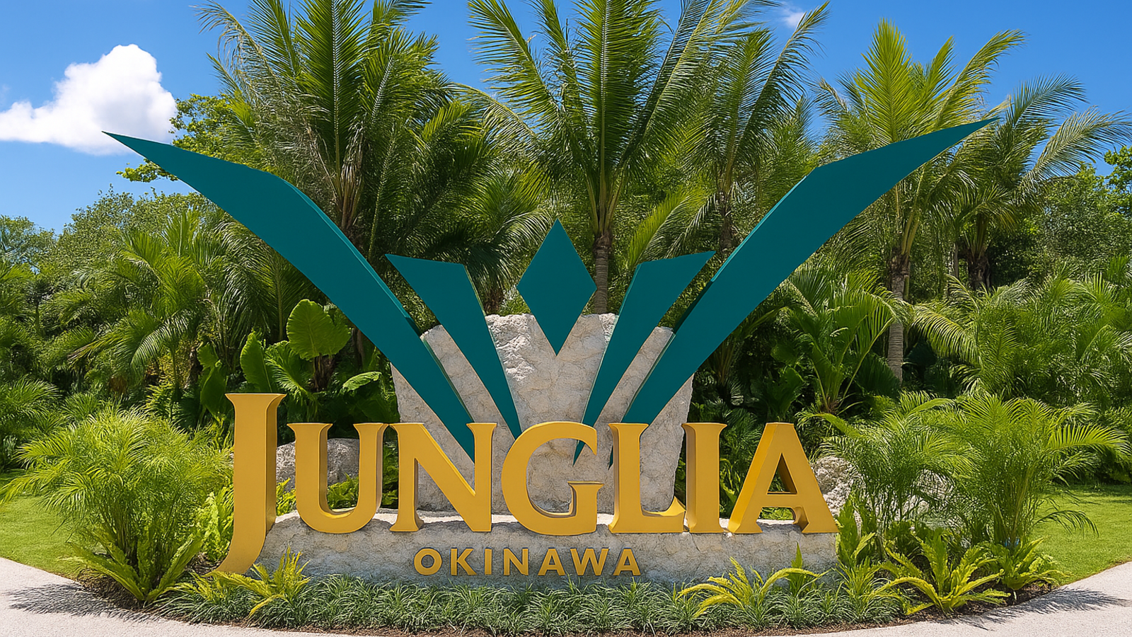 ジャングリア沖縄のエントランス看板と南国の植物が広がる風景