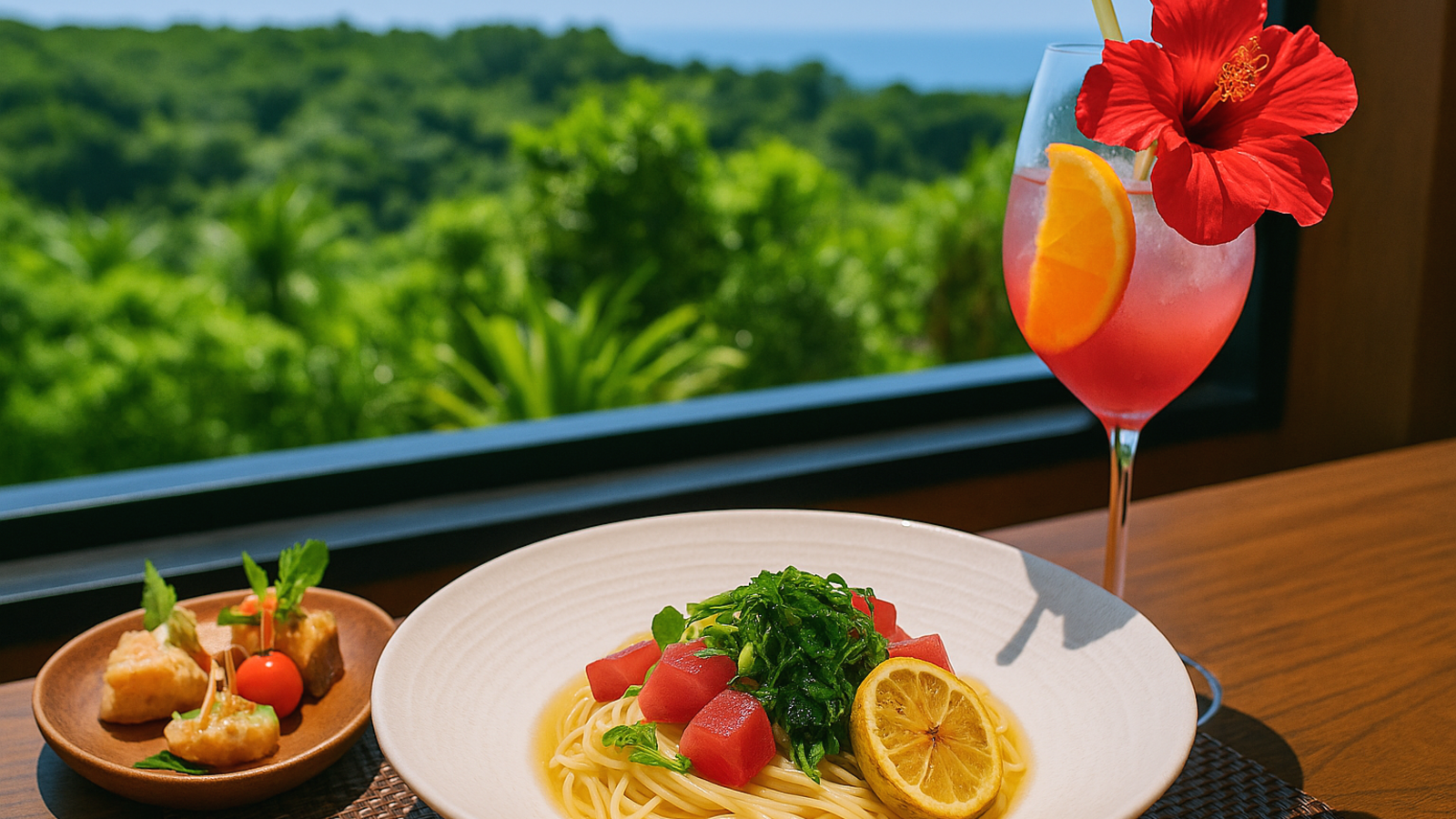 大きな窓からやんばるの緑と青い海を望むテーブルに、沖縄県産マグロともずくをのせた冷製パスタ、ハイビスカスの花を飾ったトロピカルカクテル、小皿の前菜が並ぶ。