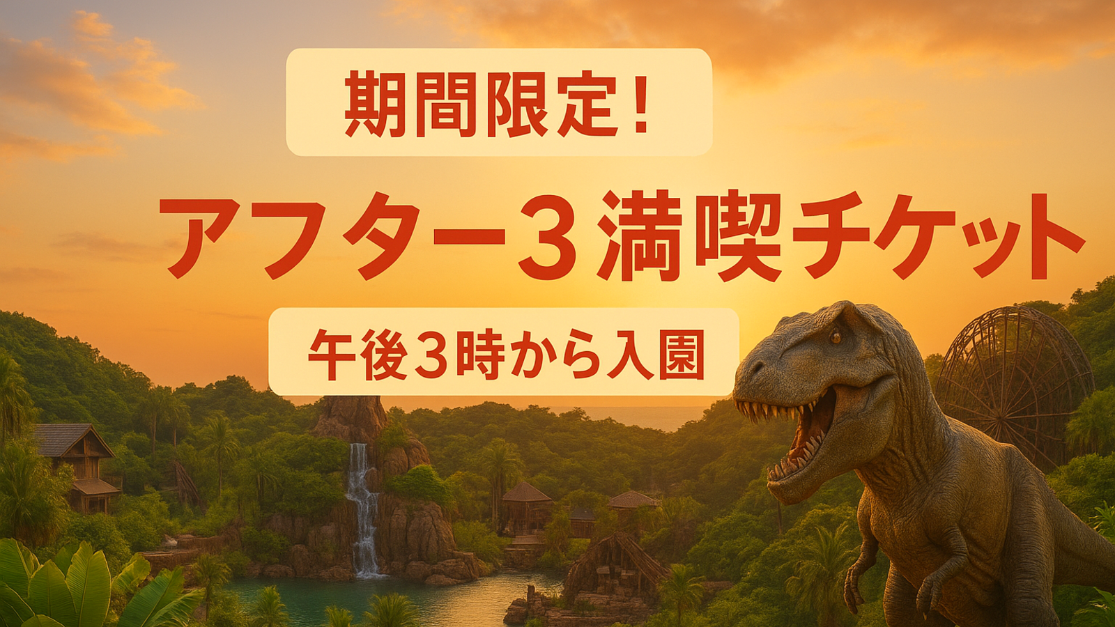 期間限定の「アフター3満喫チケット」を告知するジャングリア沖縄のプロモーション画像。夕暮れの熱帯景観と恐竜、滝、コースターが背景に描かれている。