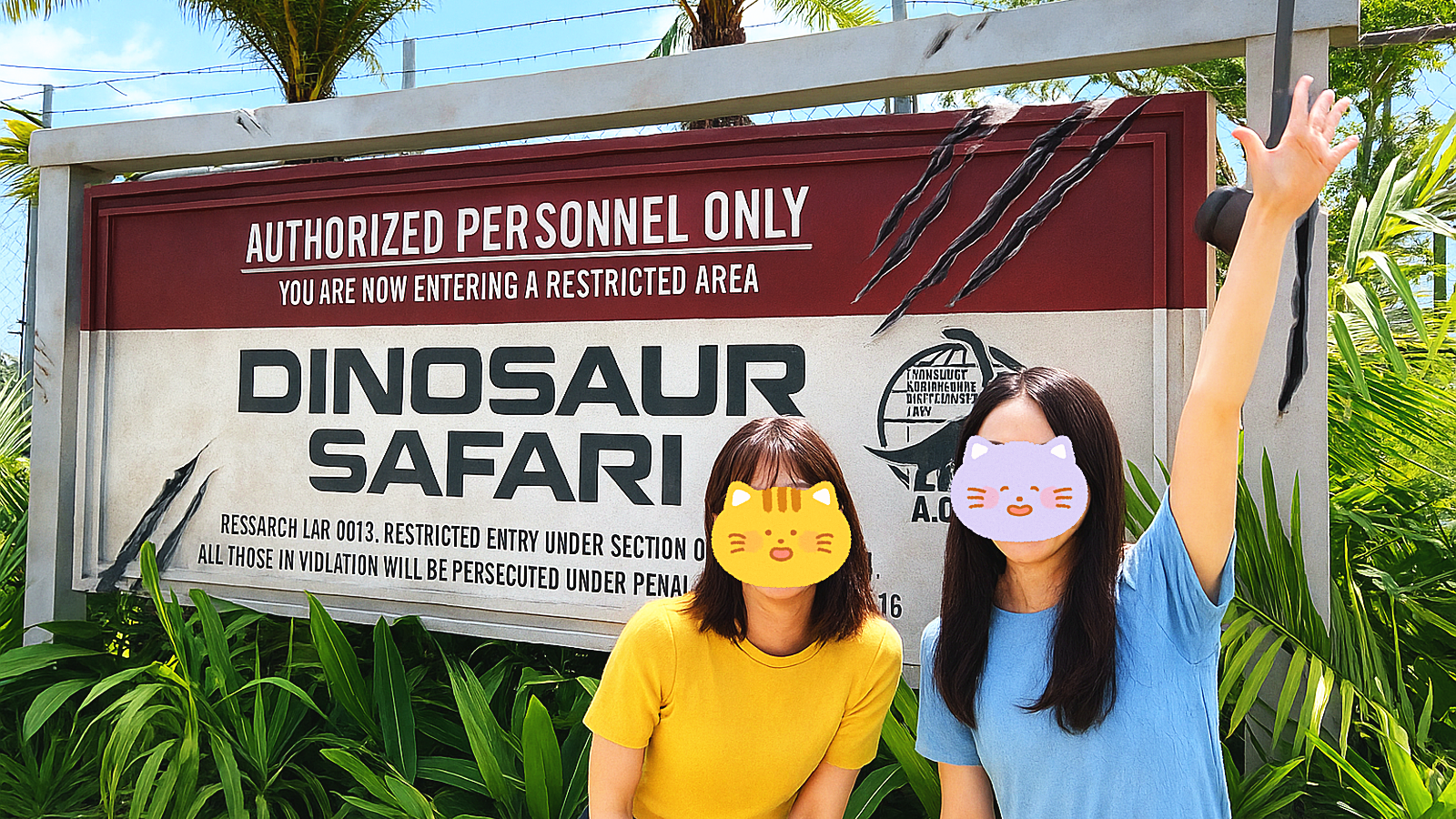 ジャングリア沖縄「DINOSAUR SAFARI（ダイナソーサファリ）」の入口看板前でポーズをとる来園者2人。南国の緑と快晴の空。
