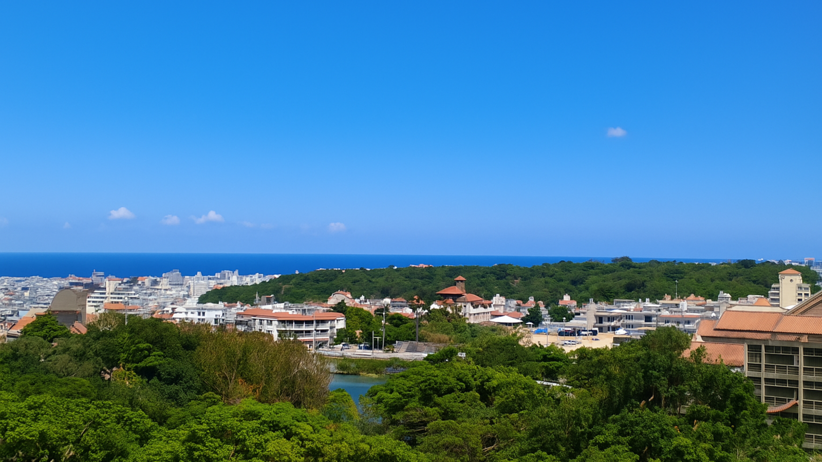首里城公園から望む那覇市街と東シナ海。澄み渡る青空と鮮やかな海が広がるパノラマ風景。