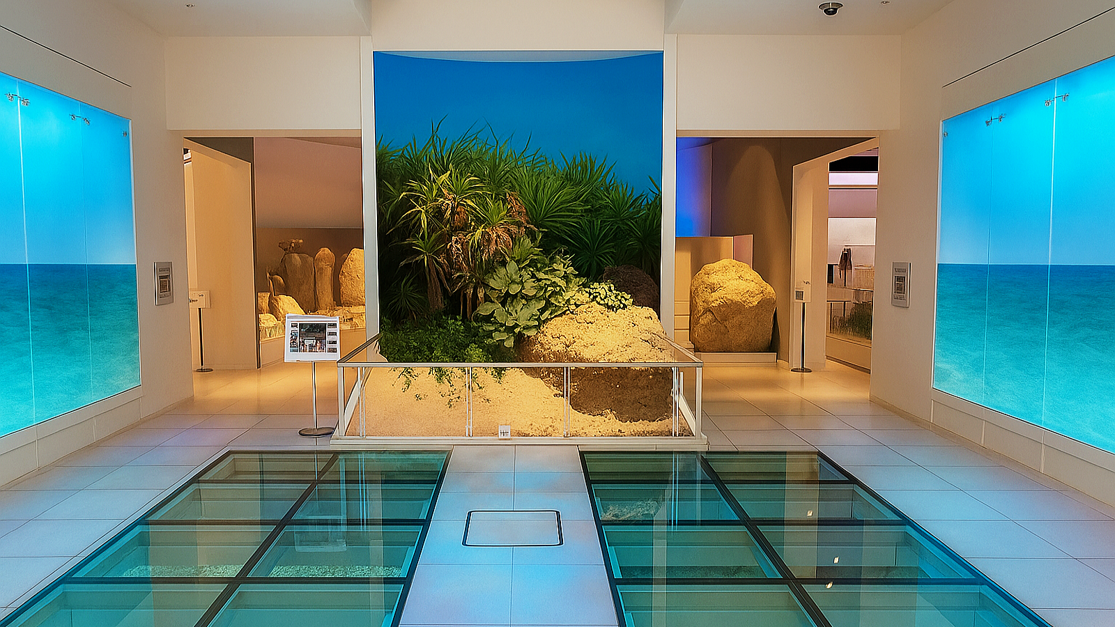 沖縄県立博物館・美術館の展示室。ガラス床の下に地層が見えるエリアと、砂浜と植物を再現した展示。