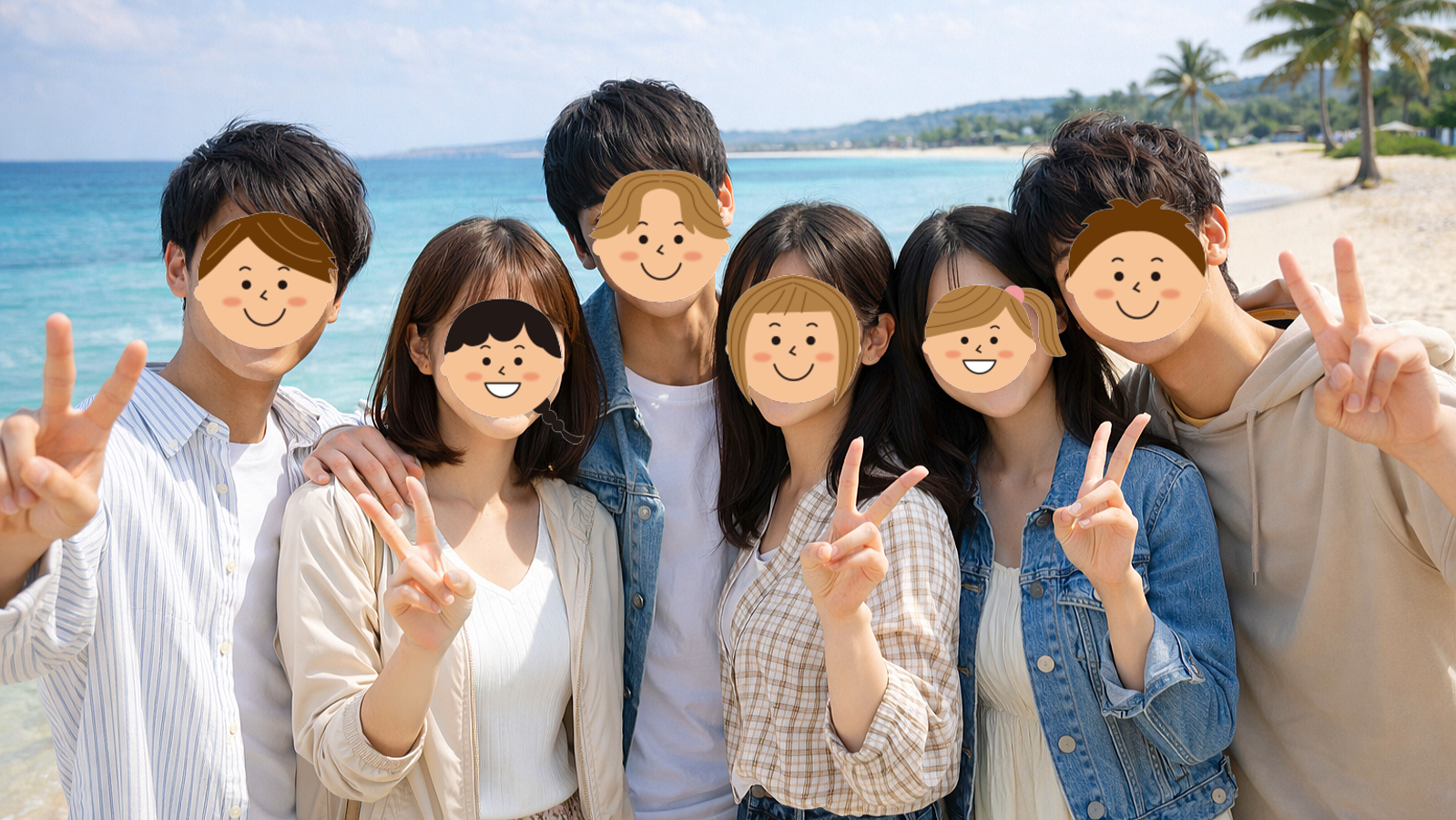 春の沖縄のビーチで、旅行を楽しむ学生グループが笑顔でピースサインをしている様子